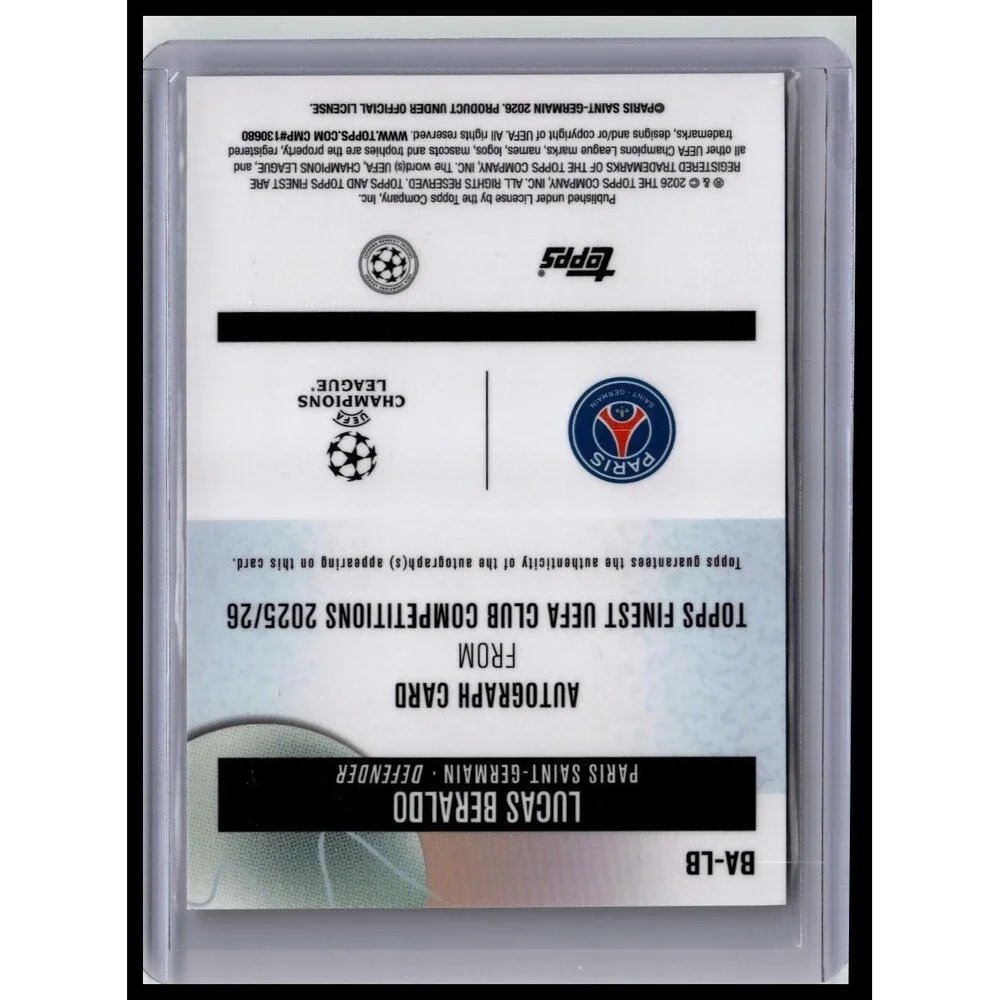 2025-26 Topps Finest UEFA Lucas Beraldo Auto 25/25 Refractor PSG Paris France